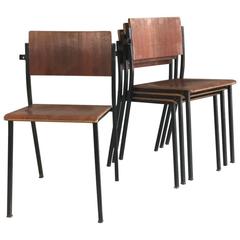 Used Set of Four 1970s Danish Mid-Century Beech and Painted Metal Stacking Chairs