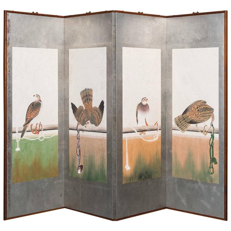 HandPainted Japanese Folding Screen Byobu Hawks Painting Watercolor