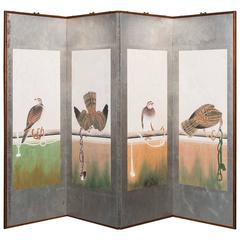 Hand-Painted Japanese Folding Screen Byobu Hawks Painting Watercolor Silver Leaf 7