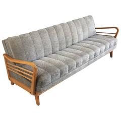 1970s Danish Mid-Century Grey Velour Sofa Bed with Beech Frame