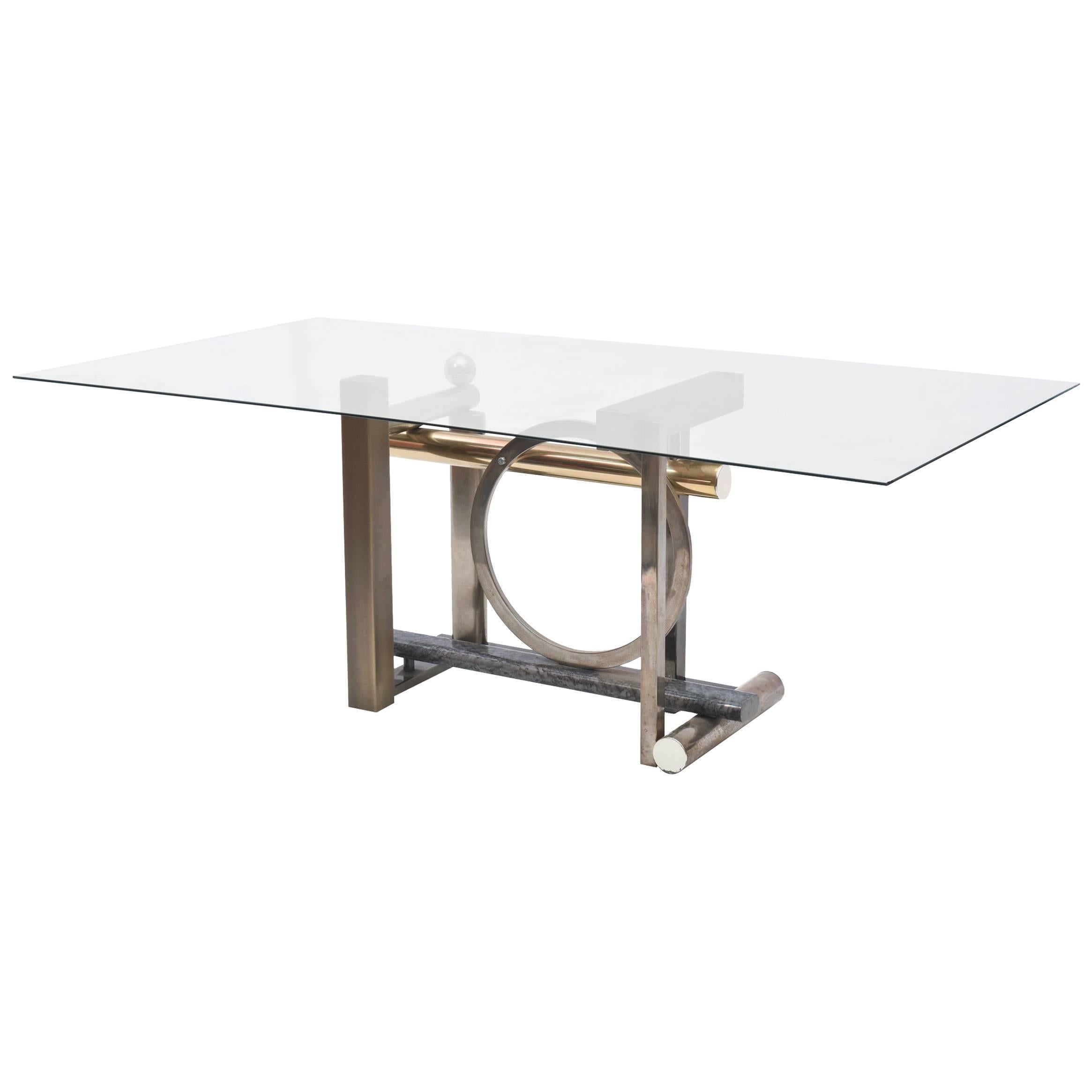 American Modern Chrome, Brass and Glass Dining Table, DIA For Sale