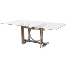 American Modern Chrome, Brass and Glass Dining Table, DIA