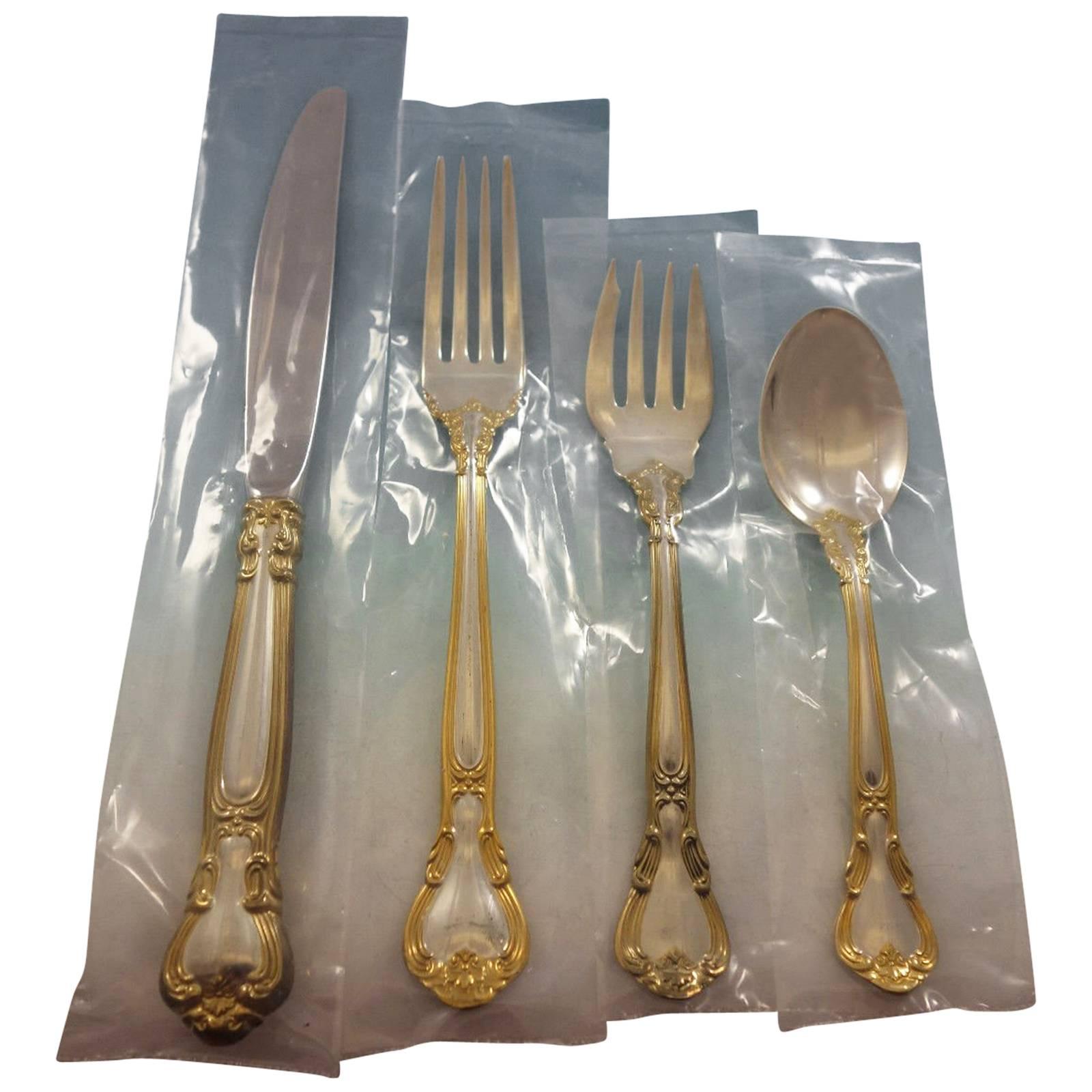 Chantilly Gold Accent by Gorham Sterling Silver Flatware Set Place Sz 29 Pcs New