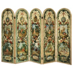French 19th Century Five Fold Decorative Screen with Hand-Painted Scenes