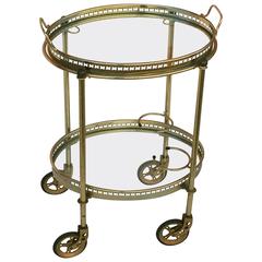French Oval Drinks Cart of Brass and Glass with Serving Tray Top