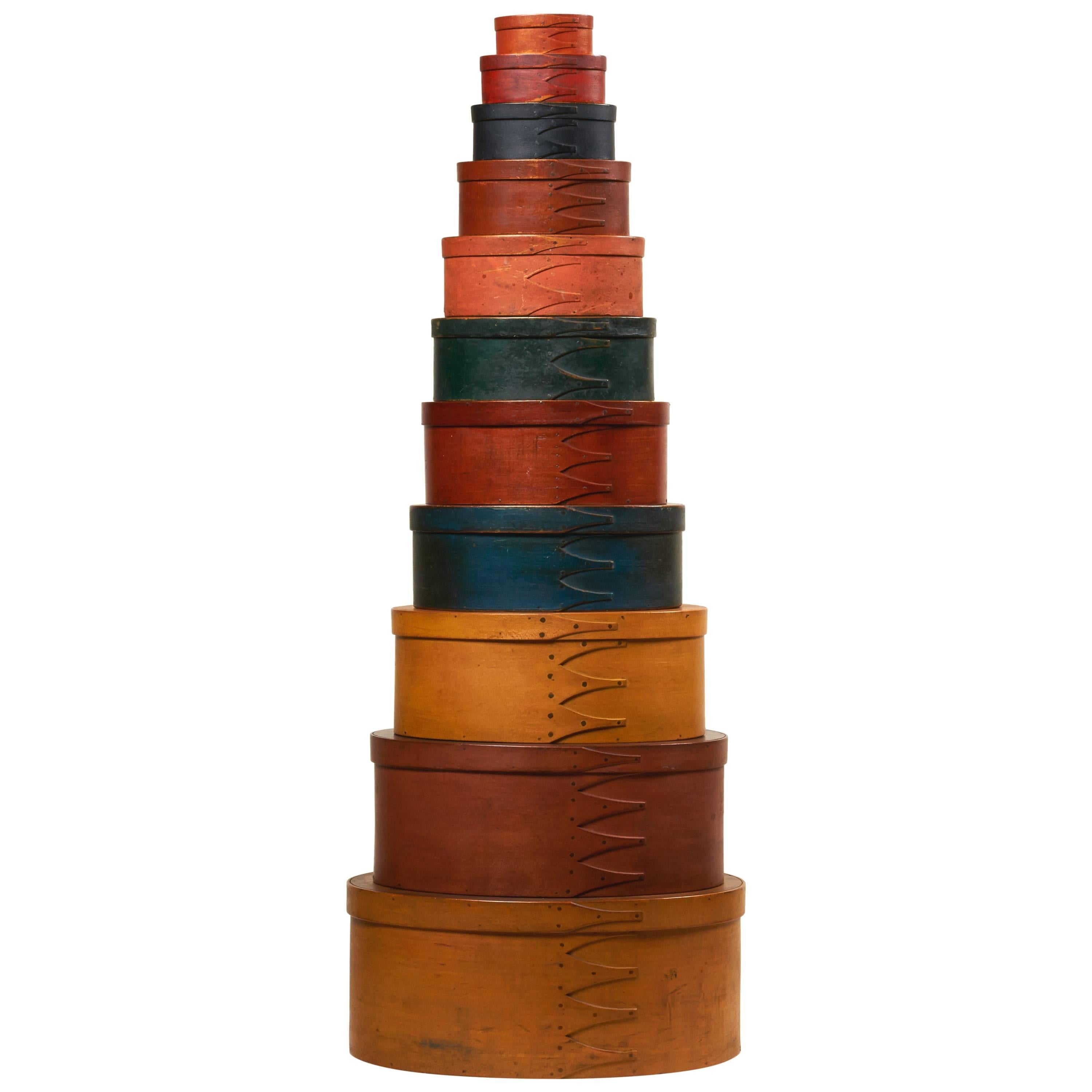 Graduated Stack of Eleven Shaker Finger-Lapped Oval Boxes For Sale