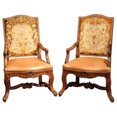 Antique Pair of 18th Century French Carved Walnut, Leather and Needlepoint Armchairs