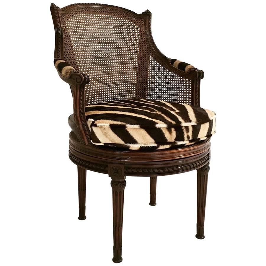 18th Century G. Jacob Mahogany and Cane Bergere Swivel Chair in Zebra Hide