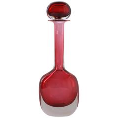 Archimede Seguso Red Handblown Murano Glass Bottle with Stopper