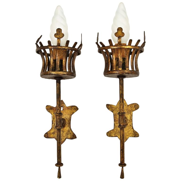 Pair of French Medieval Style Hand-Hammered Gilt Iron Torch Sconces at  1stDibs | medieval torch sconce