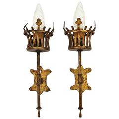 Pair of French Medieval Style Hand-Hammered Gilt Iron Torch Sconces