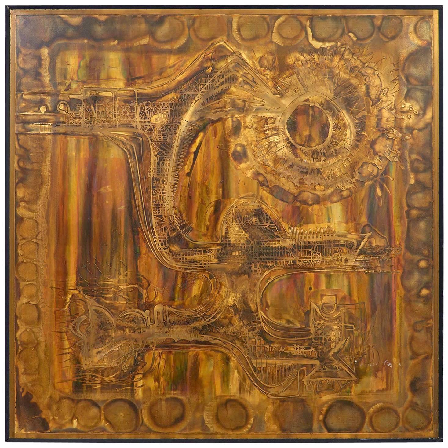 Acid-Etched and Oxidized Brass Panel by Bernhard Rohne, 1970s For Sale