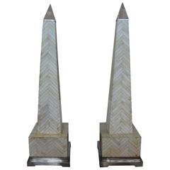 Pair of Tessellated Bone Obelisks with Silver Plate Bases and Caps