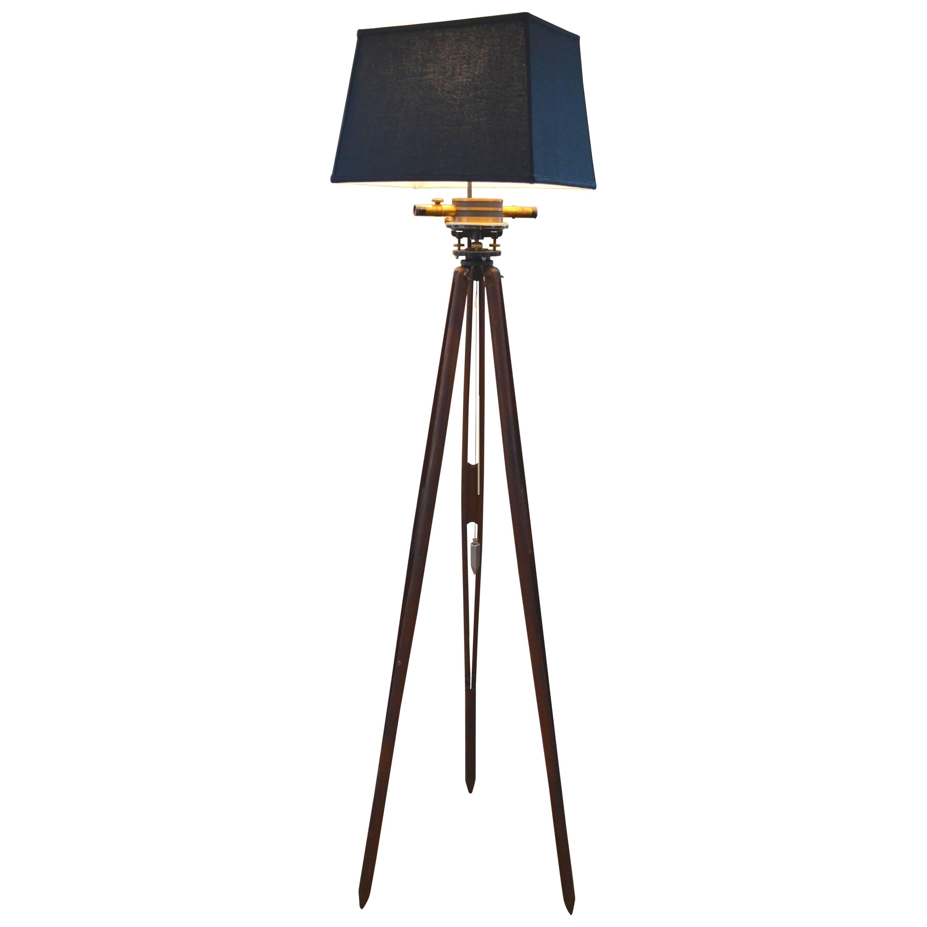 Floor Lamp Fashioned from Surveyor's Tripod with Telescoping Brass Hardware