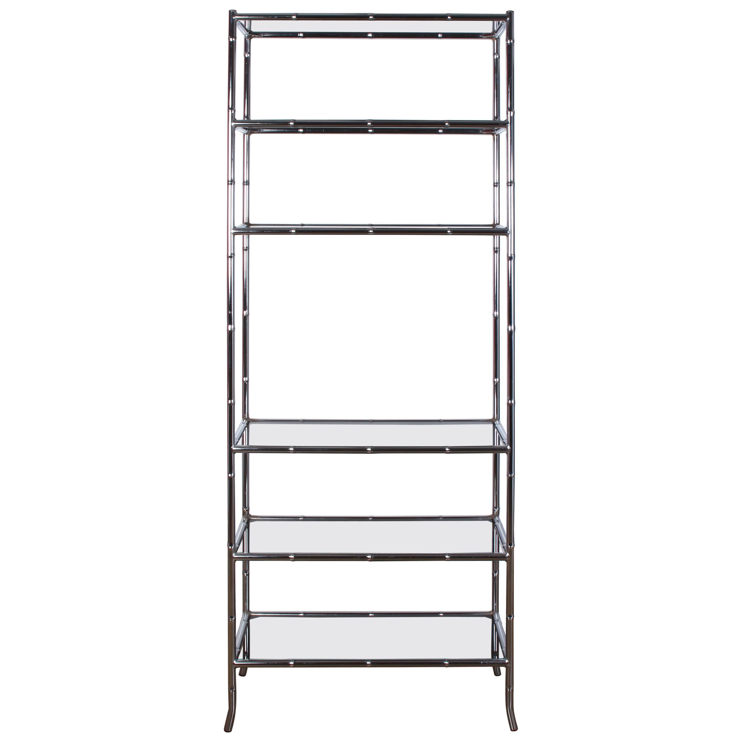 Chrome Chinoiserie Etagere with Smoke Glass Shelves For Sale