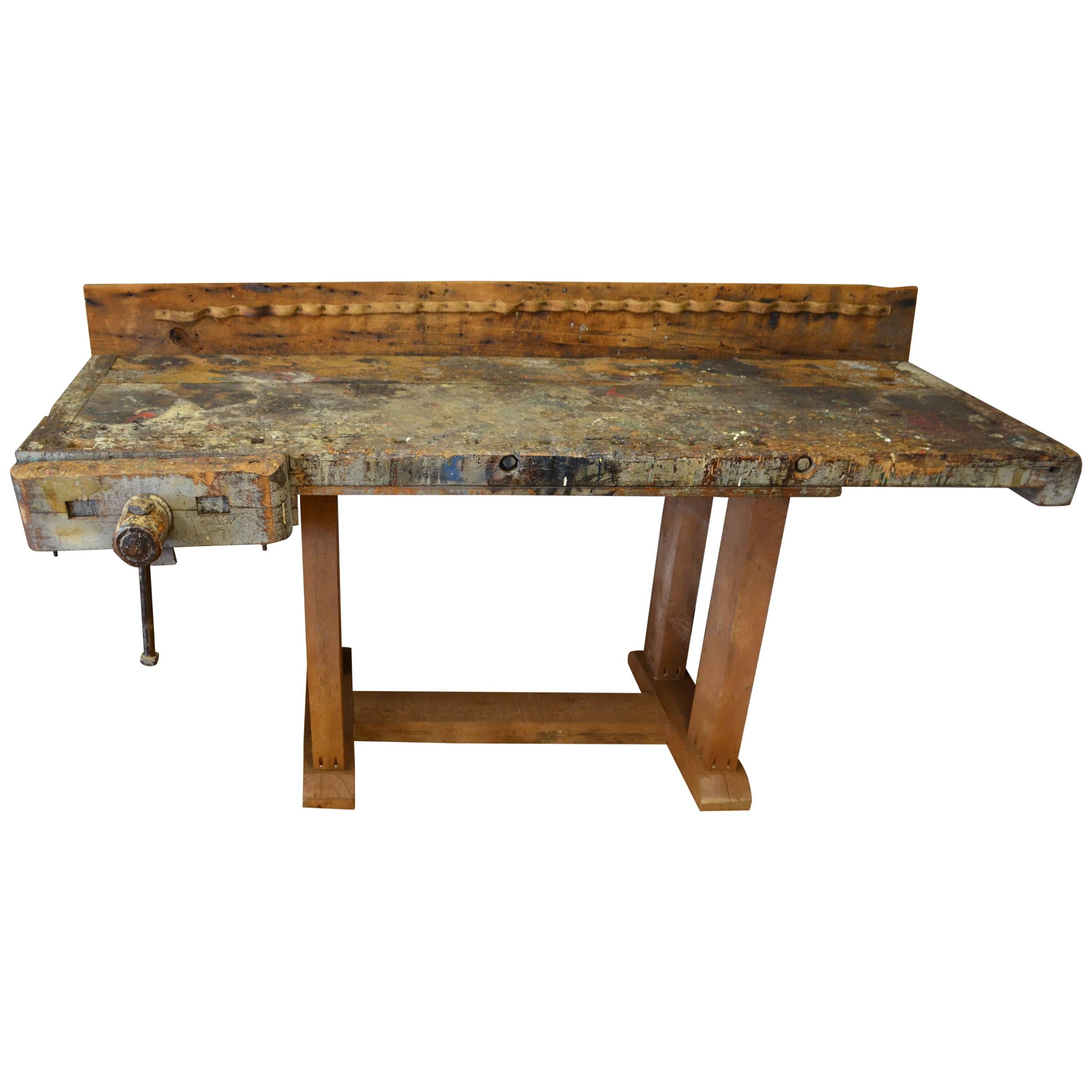 Butcher Block Woodworker's Table on Reclaimed Wooden Base, Late 1800s