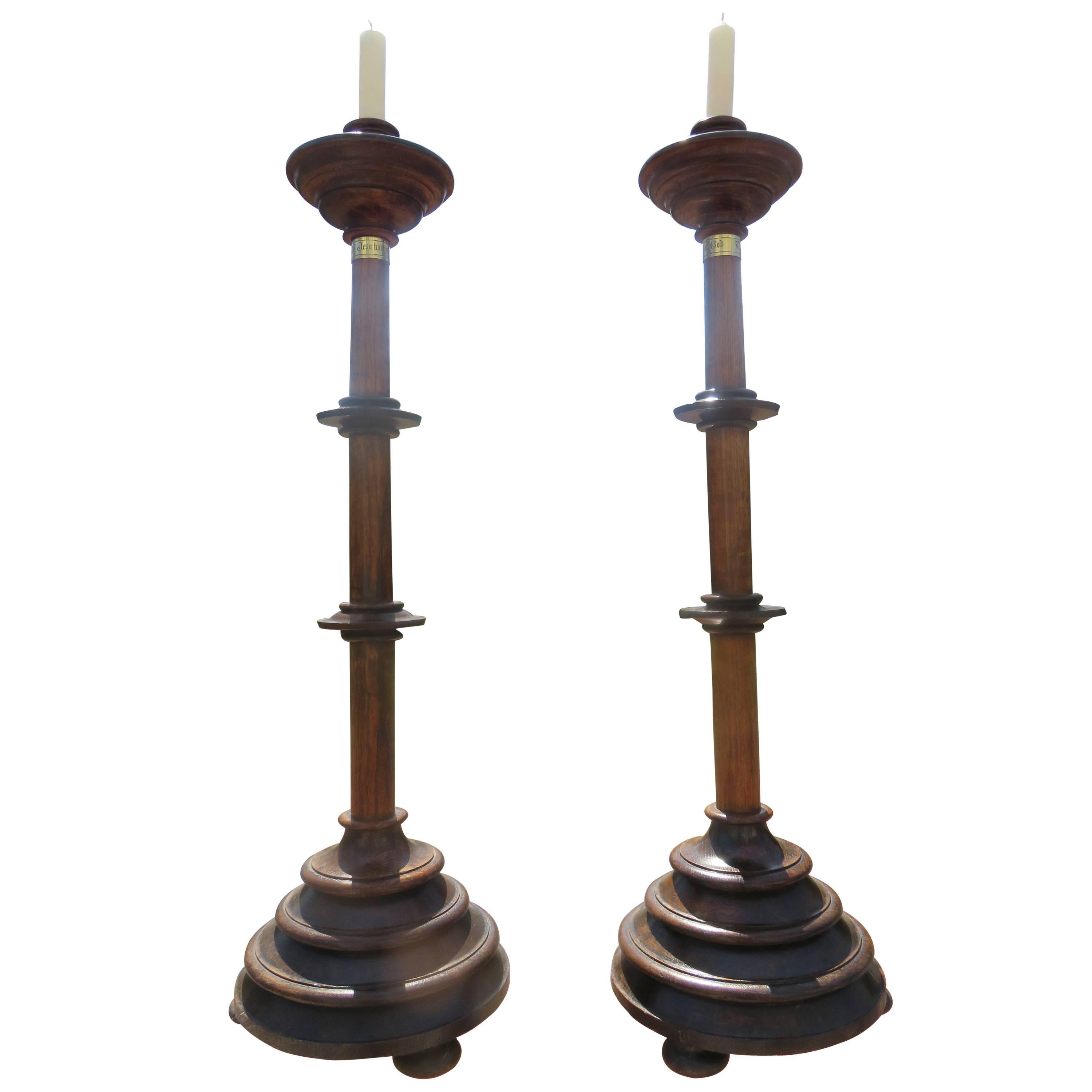 Monumental Pair of 19th Century English Alter Oak Wood  Candleholders