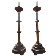 Antique Monumental Pair of 19th Century English Alter Oak Wood  Candleholders