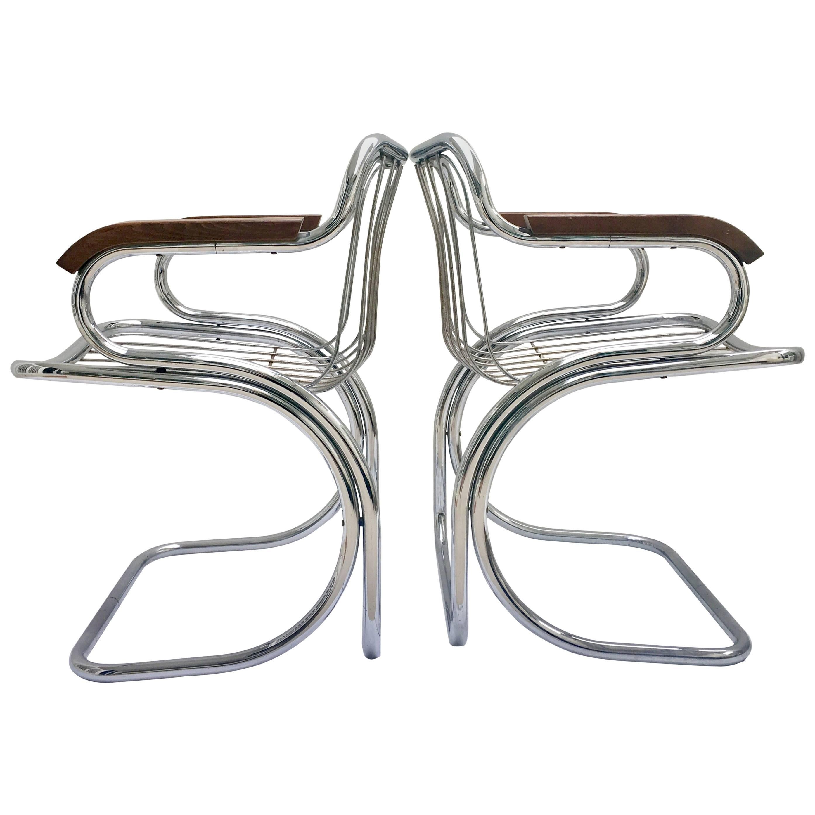 Pair Of Italian Gastone Rinaldi Style Chrome & Wood Cantilever Arm Chairs