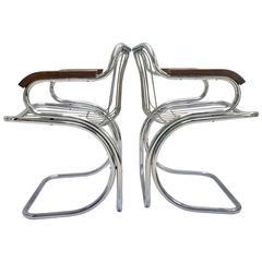 Pair Of Italian Gastone Rinaldi Style Chrome & Wood Cantilever Arm Chairs