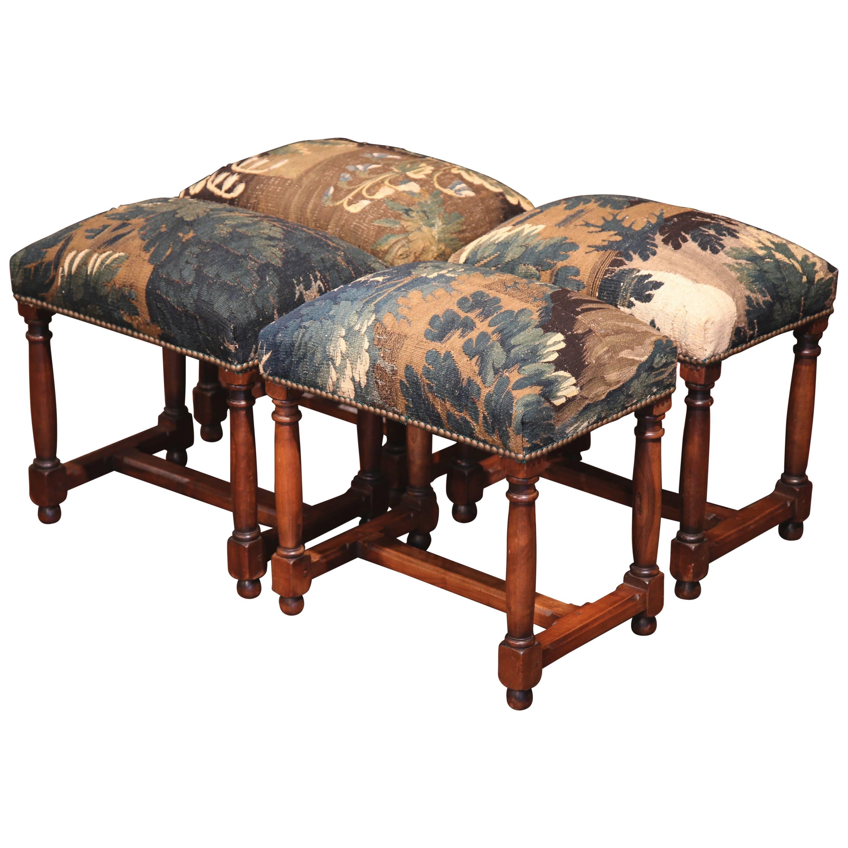19th Century French Suite of Four Carved Walnut Stools with Aubusson Tapestry