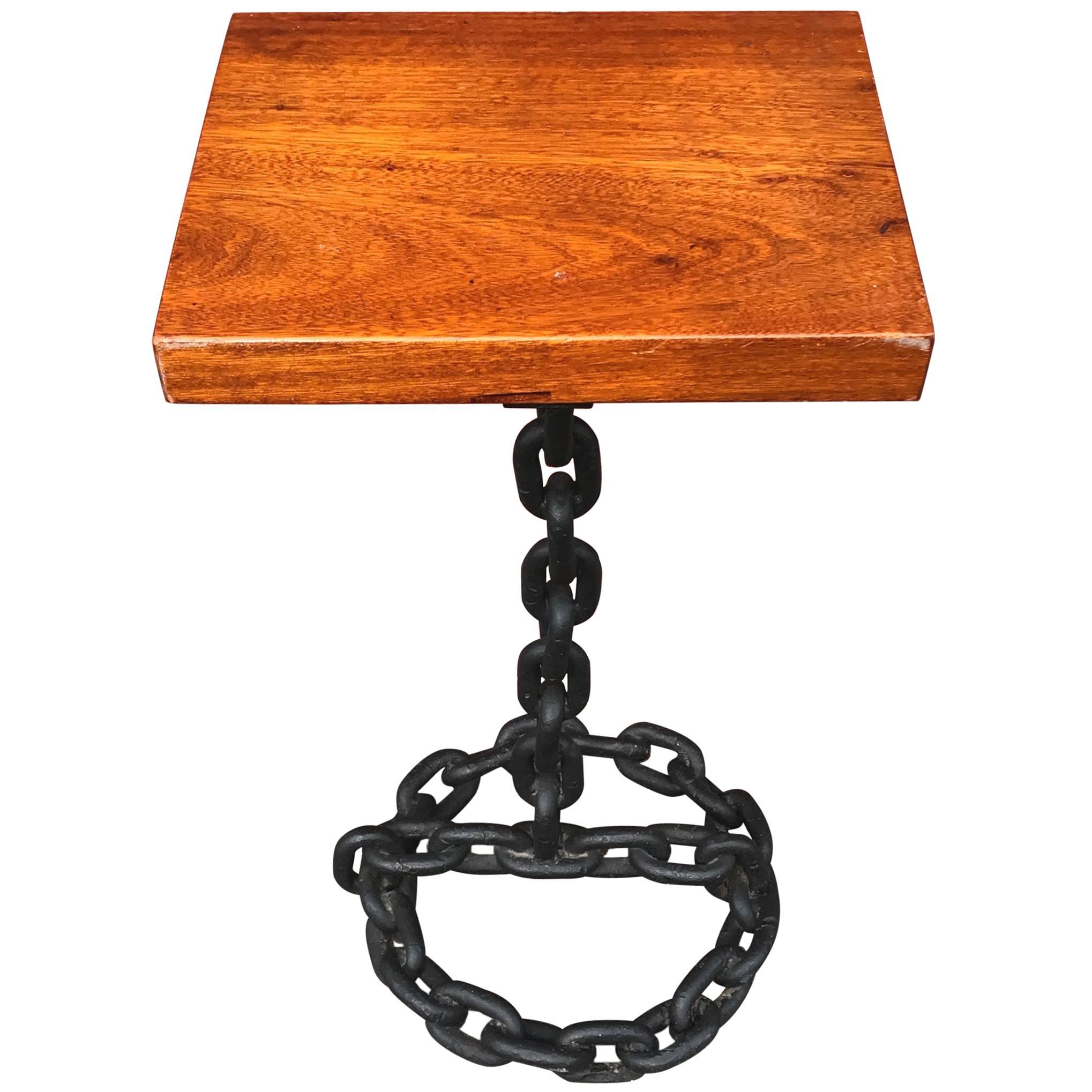 Franz West Style Iron Nautical Chain Table or Stand with Tropical Hardwood Top For Sale