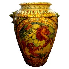 Large Italian Glazed Terracotta Urn with Stylized Horse