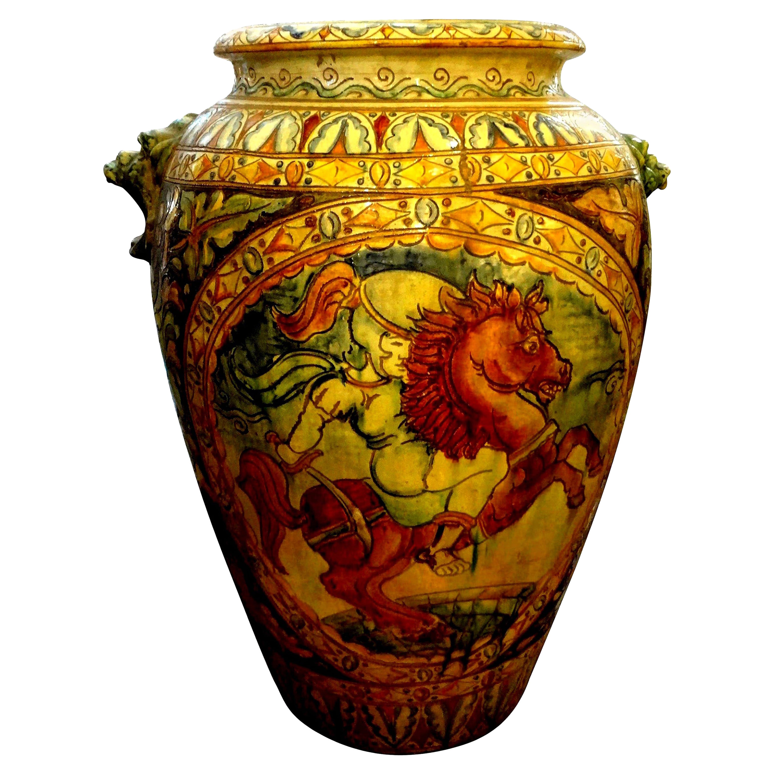 Large Italian Glazed Terracotta Urn with Stylized Horse For Sale