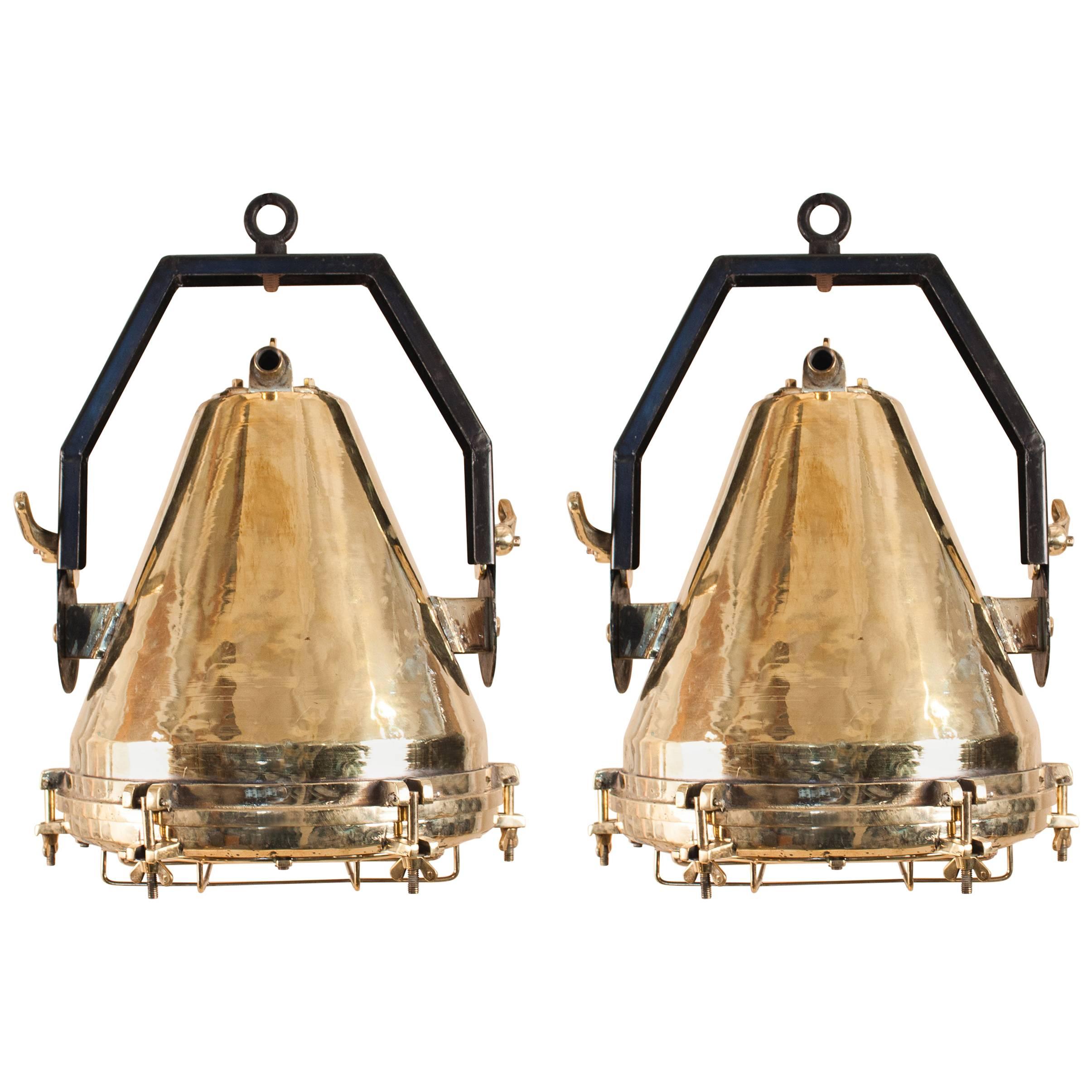 Mighty Pair of Brass Nautical or Industrial Pendant Lights