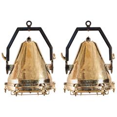 Vintage Mighty Pair of Brass Nautical or Industrial Pendant Lights