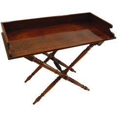 19th Century Mahogany English Butler's Tray Table on Folding Turned Base, 1860