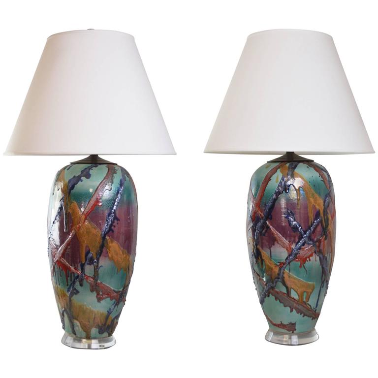 Pair Of Raku Pottery Lamps For At 1stdibs Pair Of Monumental 1980s Raku Pottery Lamps