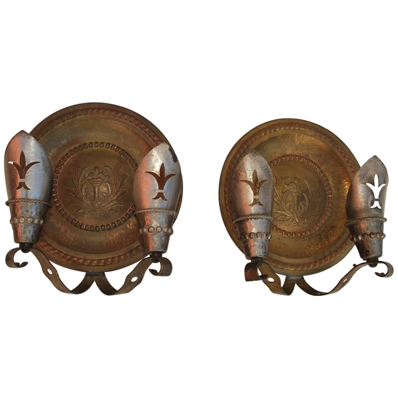 Rare Pair of Large Spanish Brass and Wrought Iron Sconces For Sale