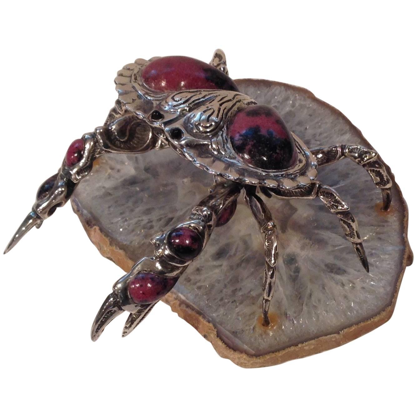 Artist Signed Sterling Silver and Stone Crab Sculpture