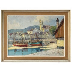 French Framed Oil Painting on Canvas of a Harbor Scene