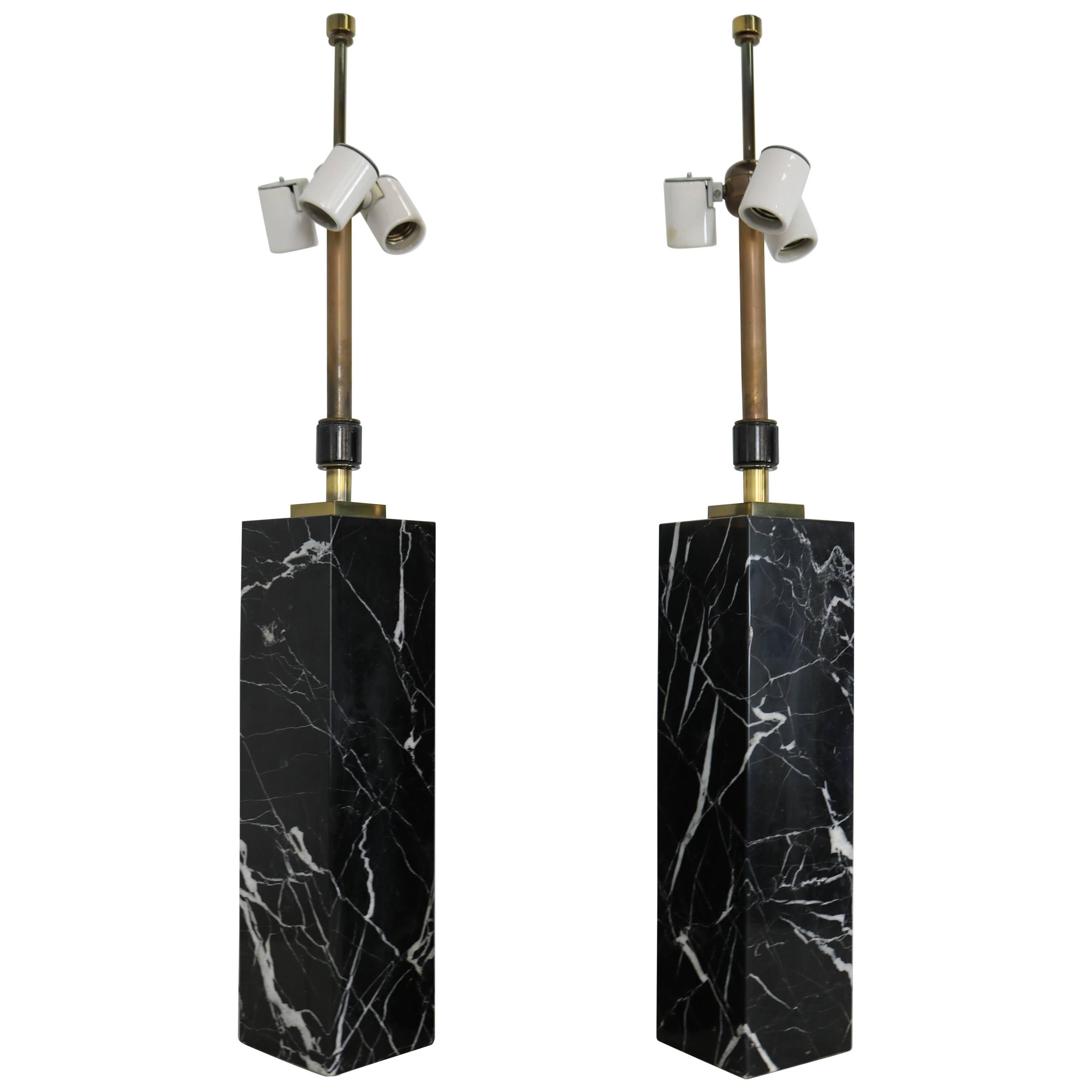 Exquisite Pair of Black Marble Column Lamps by T.H. Robsjohn-Gibbings for Hansen