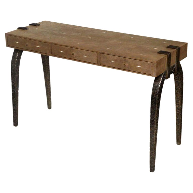 Shagreen Desk with Bronze Legs, Khaki Color, Contemporary, Three Drawers