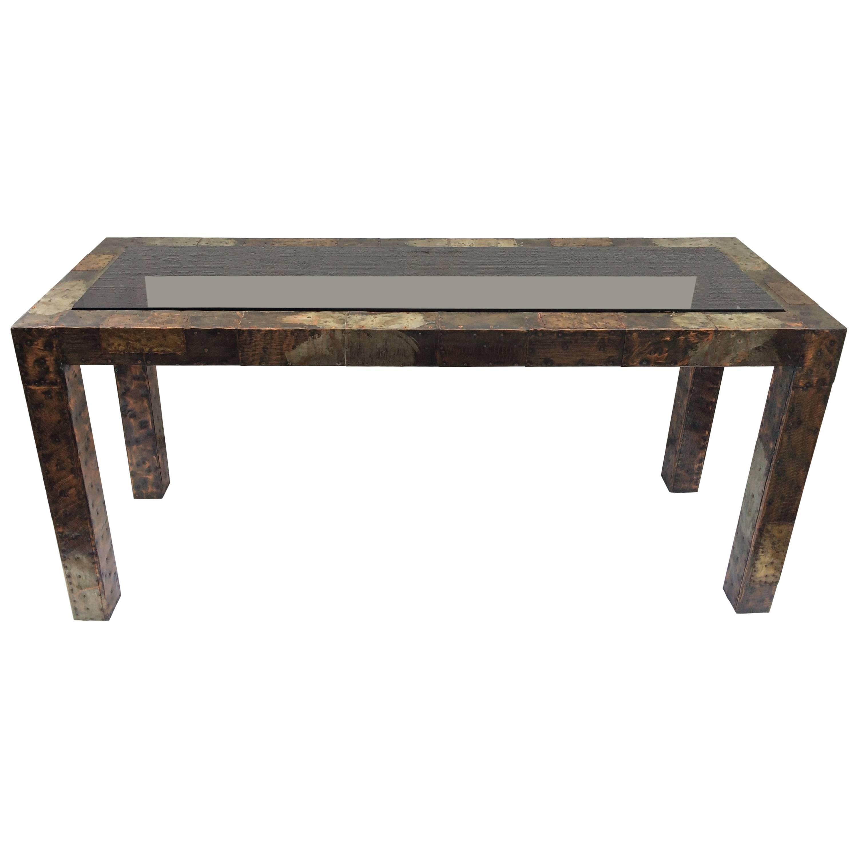 Paul Evans Mixed Metal Patchwork Table with Smoked Glass For Sale