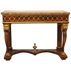 19th Century Italian Walnut Marble-Top Console with Gilt Lion Carvings