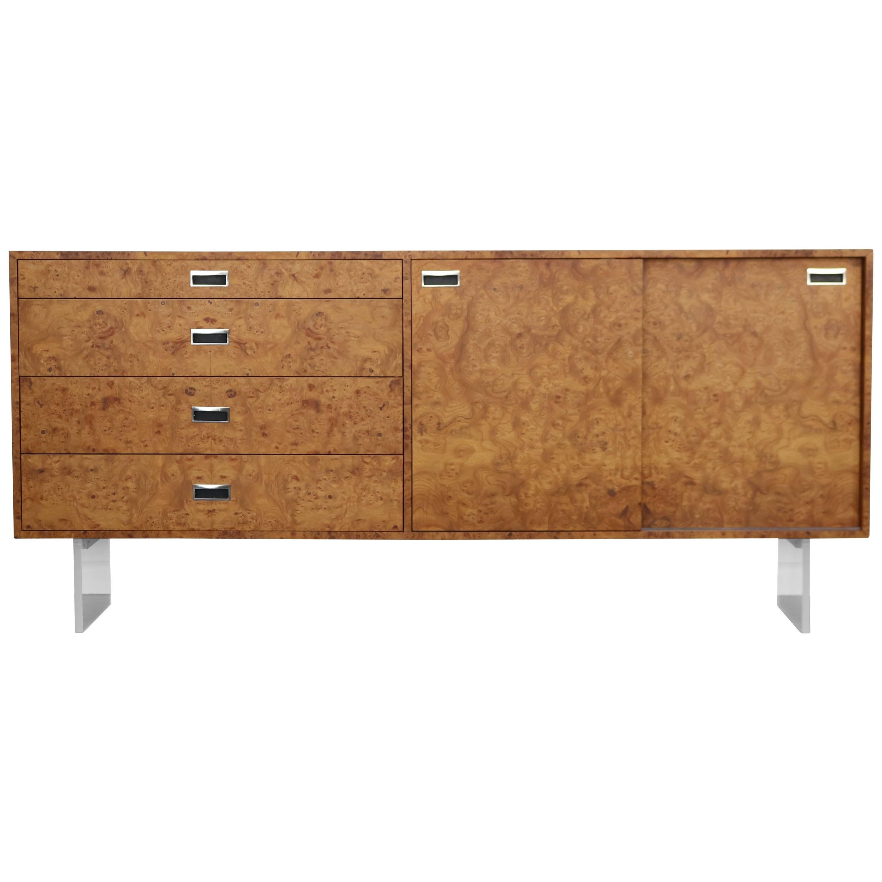 Custom 1972 Burl and Lucite Credenza by Harvey Probber