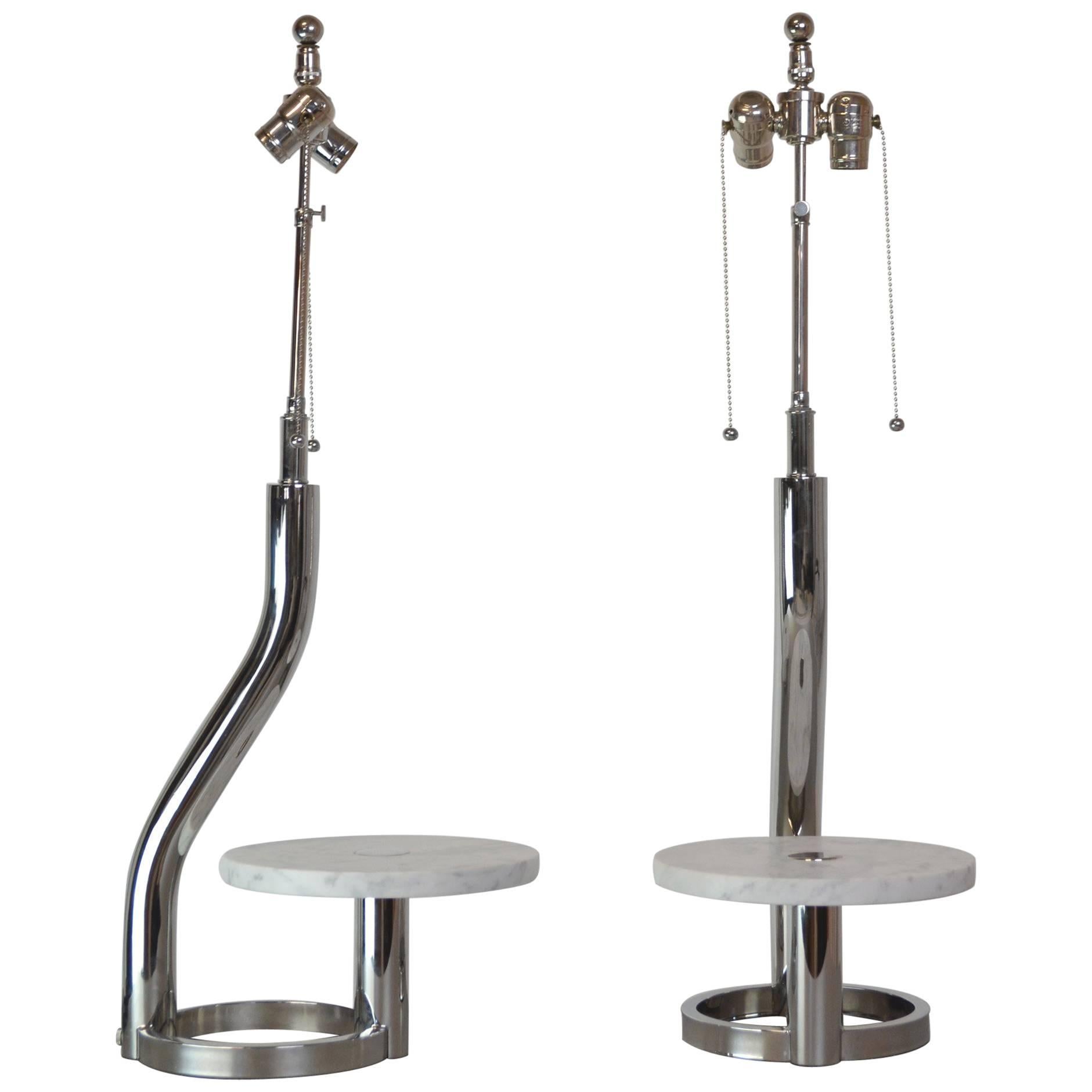 Pair of 1980s Chrome and Marble Lamps For Sale