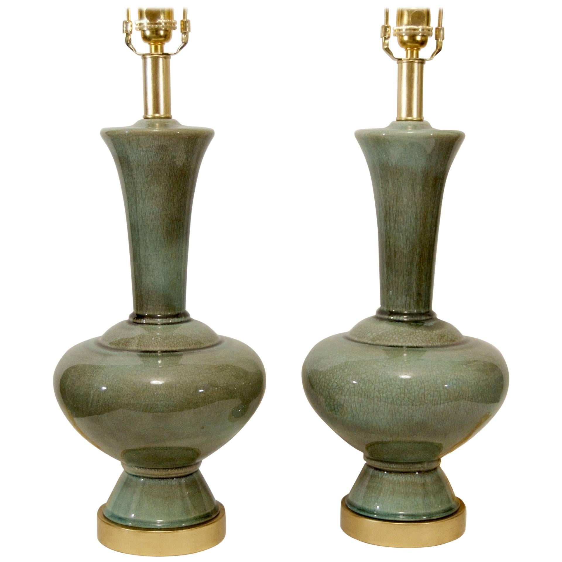 Excellent Pair of Celadon Glazed and Gilt Ceramic Lamps