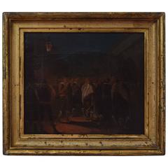 Antique Spanish Oil on Canvas Depicting a Nocturnal Gathering under a Lantern