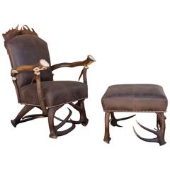 Antique Habsburg Red Stag Antler Leather Chair and Ottoman 