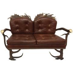 Antique Habsburg Red Stag and Fallow Deer Tufted Leather Settee