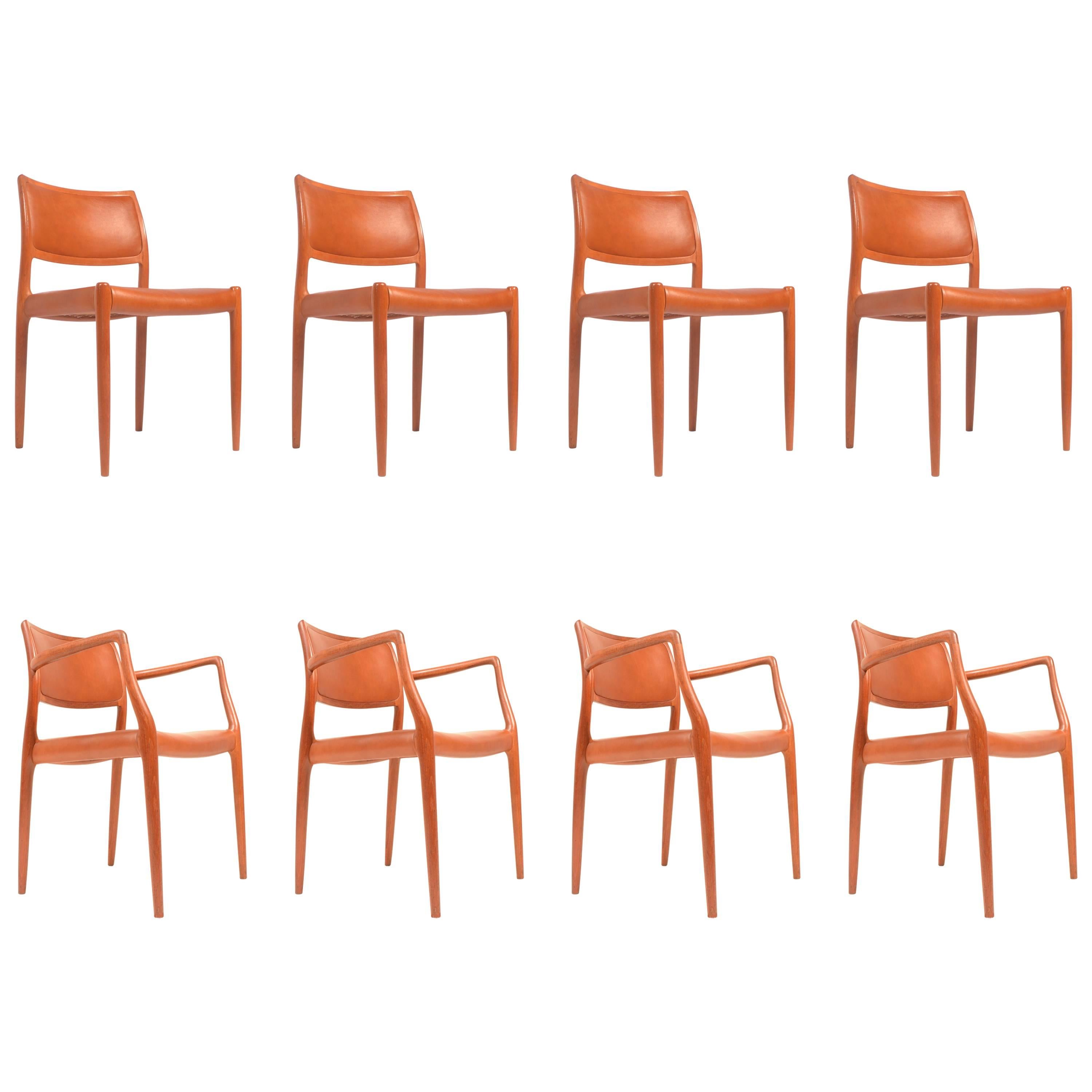 Set of Eight J.L. Møller Model 80 Dining Chairs by Niels Møller in Leather