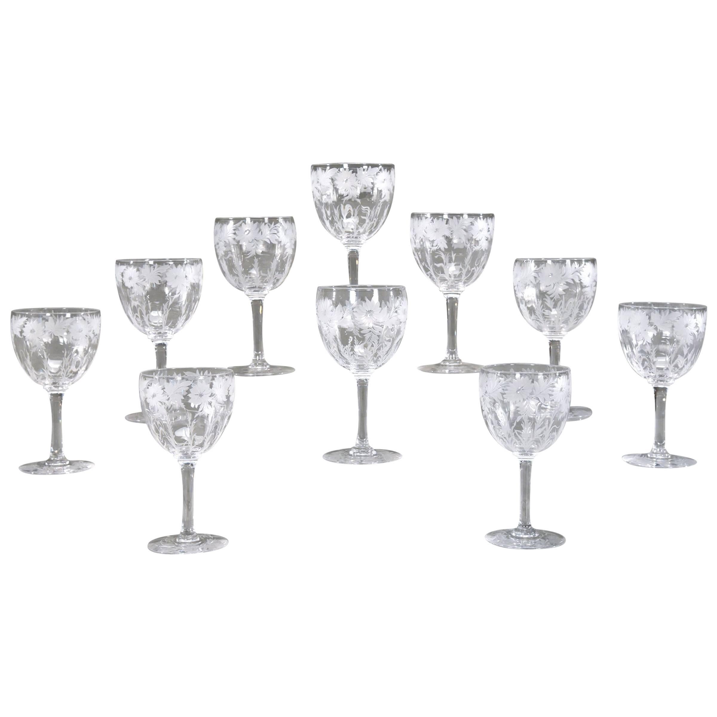 12 Hand Blown Signed Libbey Wheel Cut Crystal Goblets Arts & Crafts Floral Motif