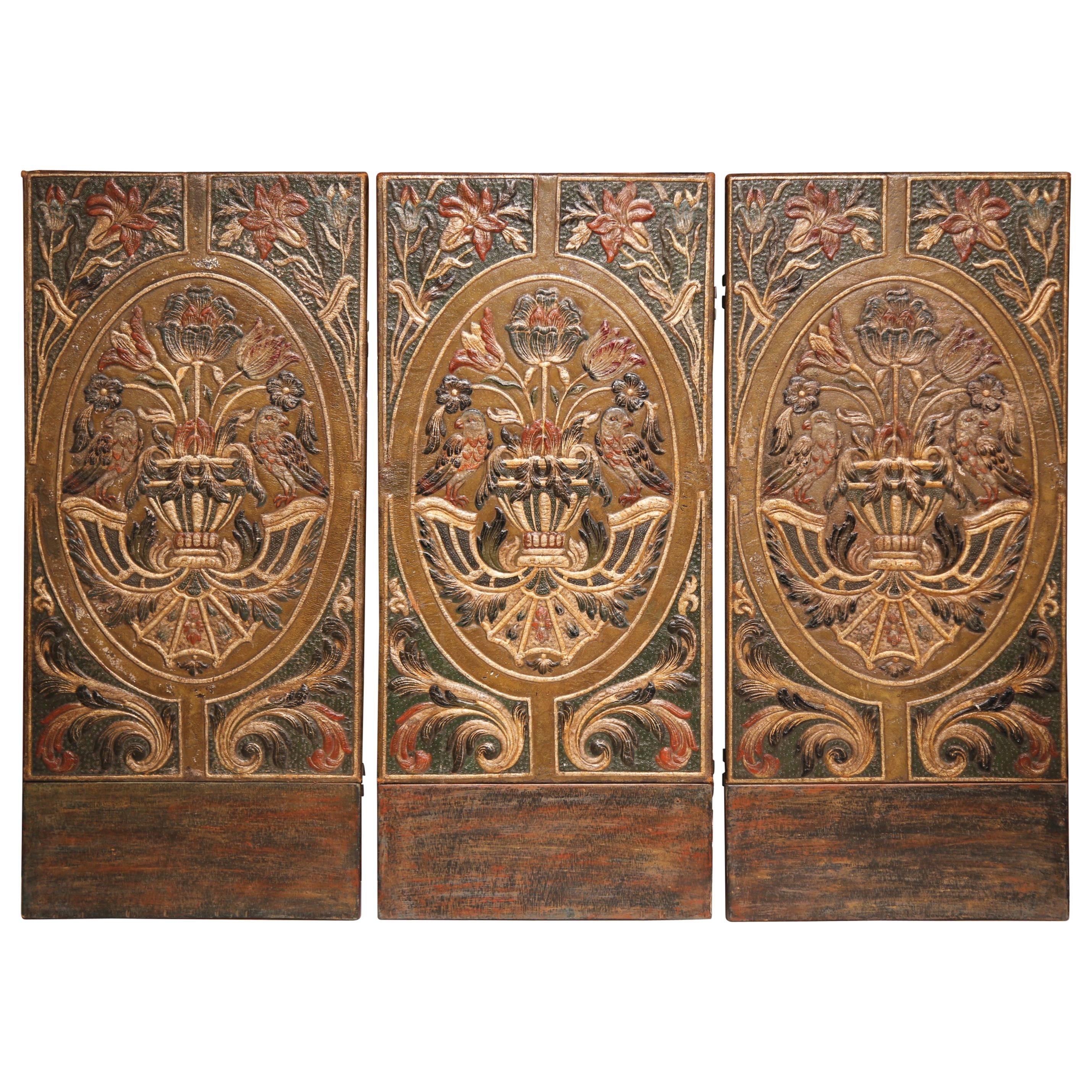 Three-Panel Spanish Cordovan Painted Gilt Leather Screen with Birds and Flowers