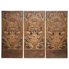 Three-Panel Spanish Cordovan Painted Gilt Leather Screen with Birds and Flowers