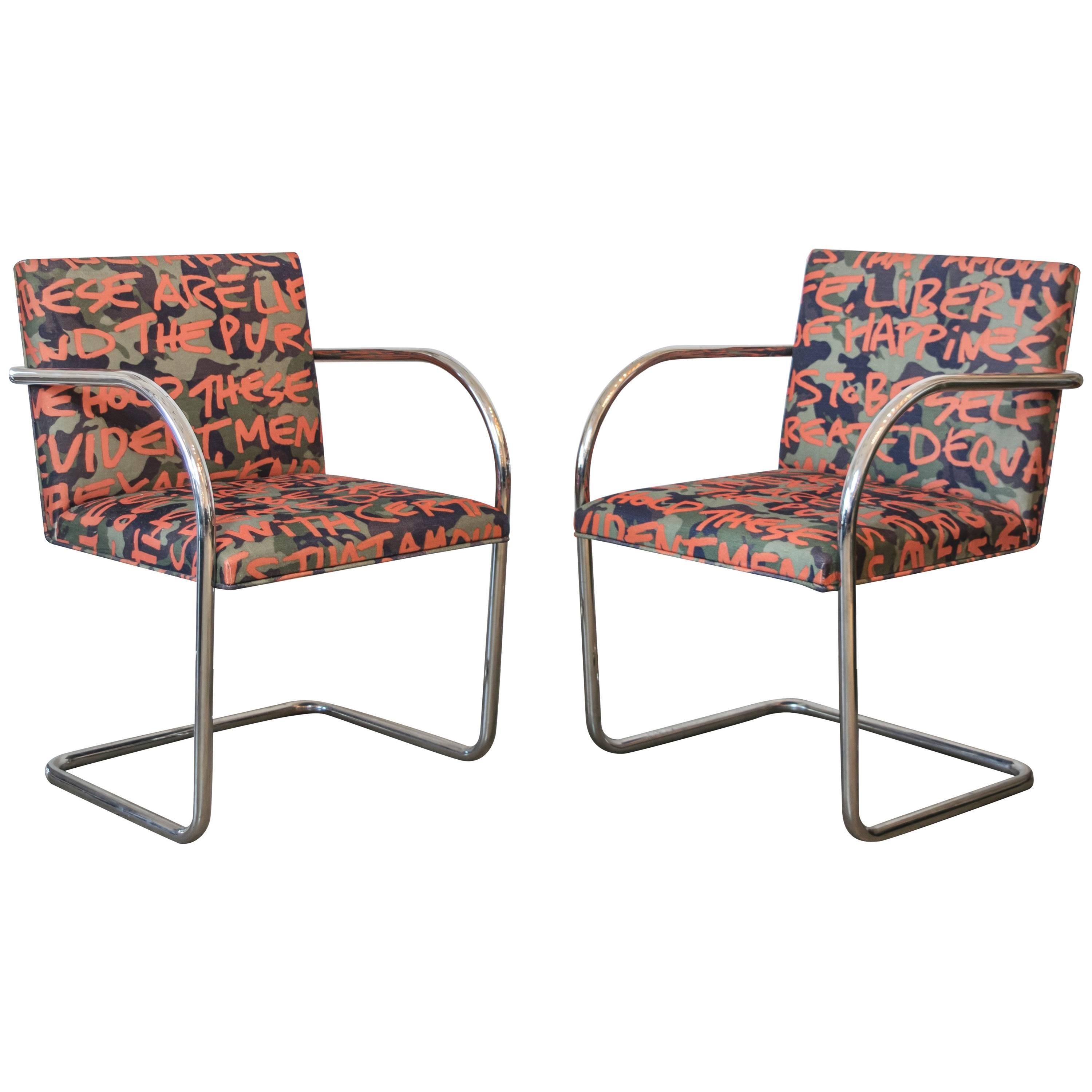 Pair of Knoll Brno Tubular Chairs Covered in Custom Lagerfeld Upholstery For Sale